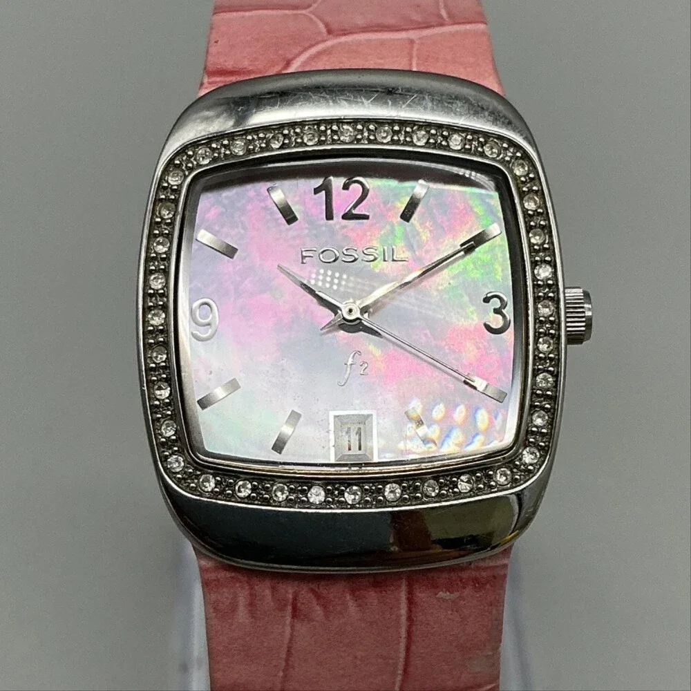 Fossil F2 Womens Watch 25mm Pink MOP Crystals Leather Date ES-9720 New Battery